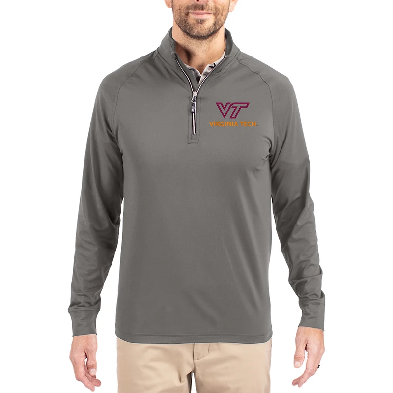 Men's Cutter & Buck Gray Virginia Tech Hokies Primary Logo Adapt Eco Knit Stretch Raglan Quarter-Zip Pullover