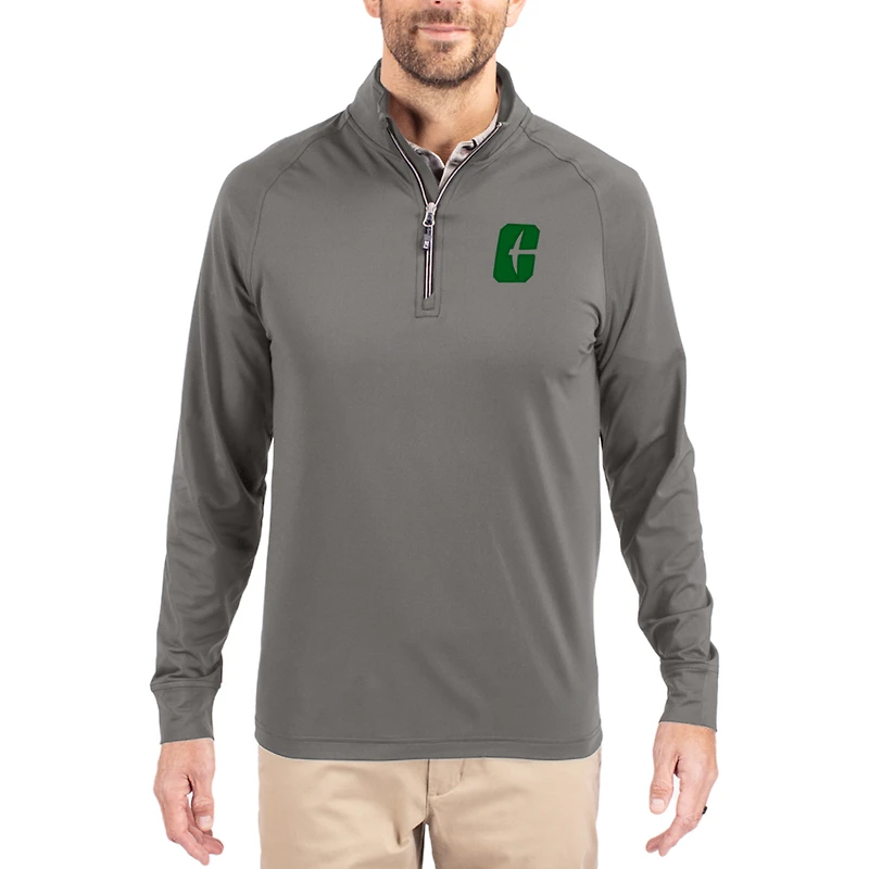 Men's Cutter & Buck Gray Charlotte 49ers Primary Logo Adapt Eco Knit Stretch Raglan Quarter-Zip Pullover