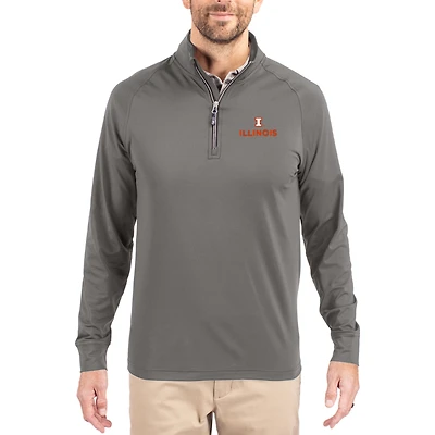 Men's Cutter & Buck Gray Illinois Fighting Illini Primary Logo Adapt Eco Knit Stretch Raglan Quarter-Zip Pullover