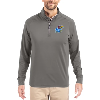 Men's Cutter & Buck Gray Kansas Jayhawks Primary Logo Adapt Eco Knit Stretch Raglan Quarter-Zip Pullover