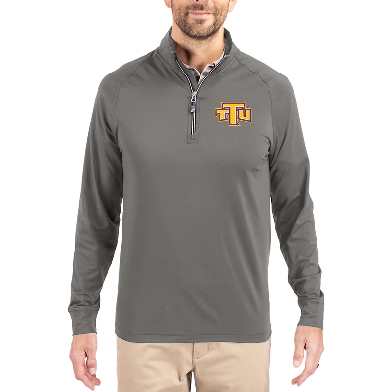 Men's Cutter & Buck Gray Tennessee Tech Golden Eagles Primary Logo Adapt Eco Knit Stretch Raglan Quarter-Zip Pullover