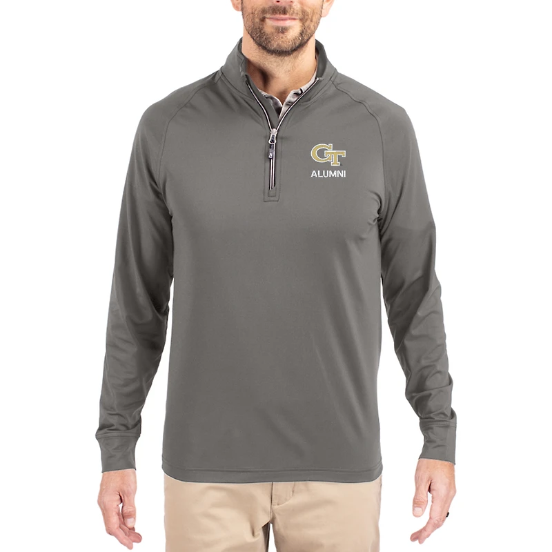 Men's Cutter & Buck Gray Georgia Tech Yellow Jackets Alumni Logo Adapt Eco Knit Stretch Raglan Quarter-Zip Pullover