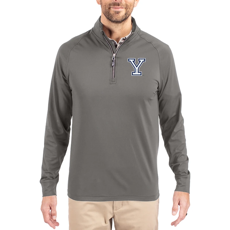 Men's Cutter & Buck Gray Yale Bulldogs Primary Logo Adapt Eco Knit Stretch Raglan Quarter-Zip Pullover