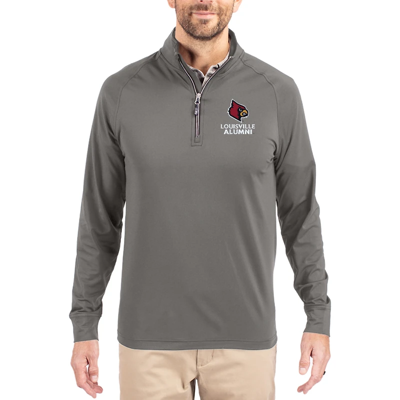 Men's Cutter & Buck Gray Louisville Cardinals Alumni Logo Adapt Eco Knit Stretch Raglan Quarter-Zip Pullover