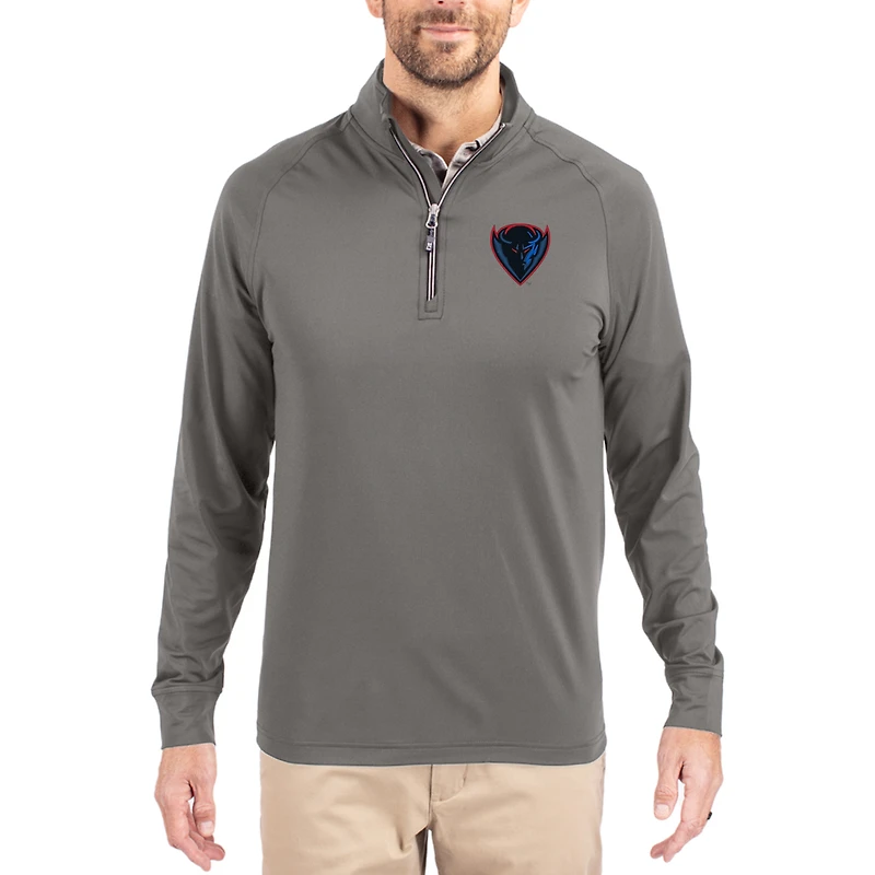Men's Cutter & Buck Gray DePaul Blue Demons Primary Logo Adapt Eco Knit Stretch Raglan Quarter-Zip Pullover