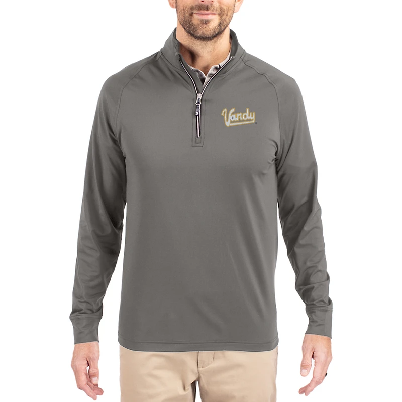 Men's Cutter & Buck Gray Vanderbilt Commodores Vault Logo Adapt Eco Knit Stretch Raglan Quarter-Zip Pullover