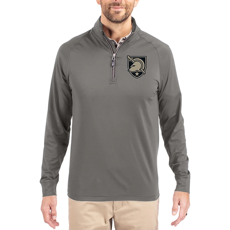 Men's Cutter & Buck Gray Army Black Knights Primary Logo Adapt Eco Knit Stretch Raglan Quarter-Zip Pullover