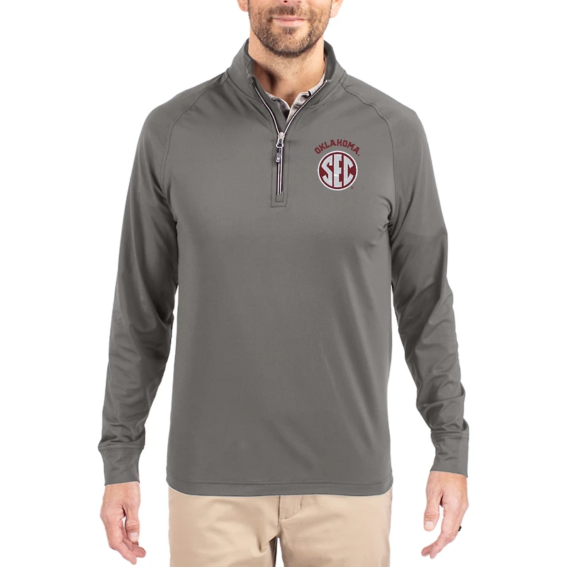 Men's Cutter & Buck Gray Oklahoma Sooners SEC Logo Adapt Eco Knit Stretch Raglan Quarter-Zip Pullover