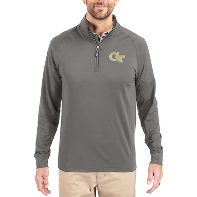 Men's Cutter & Buck Gray Georgia Tech Yellow Jackets Primary Logo Adapt Eco Knit Stretch Raglan Quarter-Zip Pullover