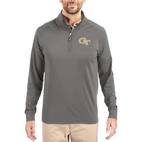 Men's Cutter & Buck Gray Georgia Tech Yellow Jackets Primary Logo Adapt Eco Knit Stretch Raglan Quarter-Zip Pullover