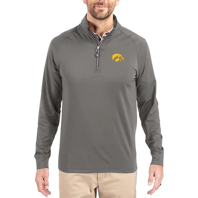 Men's Cutter & Buck Gray Iowa Hawkeyes Primary Logo Adapt Eco Knit Stretch Raglan Quarter-Zip Pullover