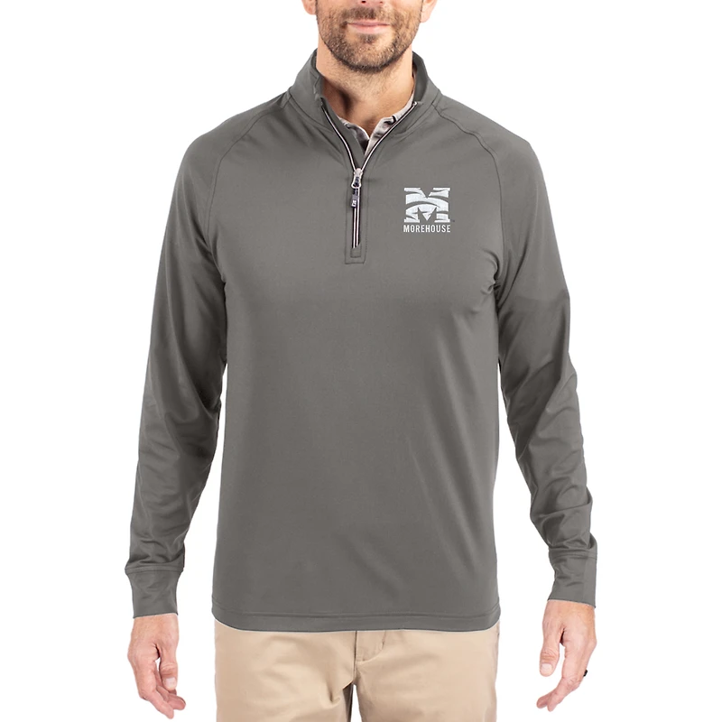 Men's Cutter & Buck Gray Morehouse Maroon Tigers Primary Logo Adapt Eco Knit Stretch Raglan Quarter-Zip Pullover