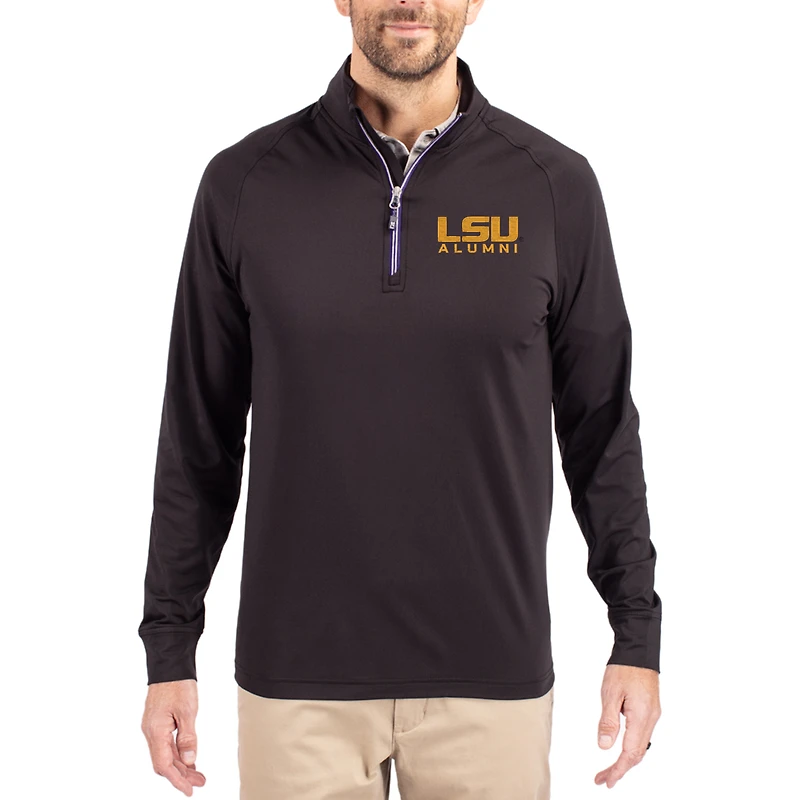Men's Cutter & Buck LSU Tigers Alumni Logo Adapt Eco Knit Stretch Raglan Quarter-Zip Pullover