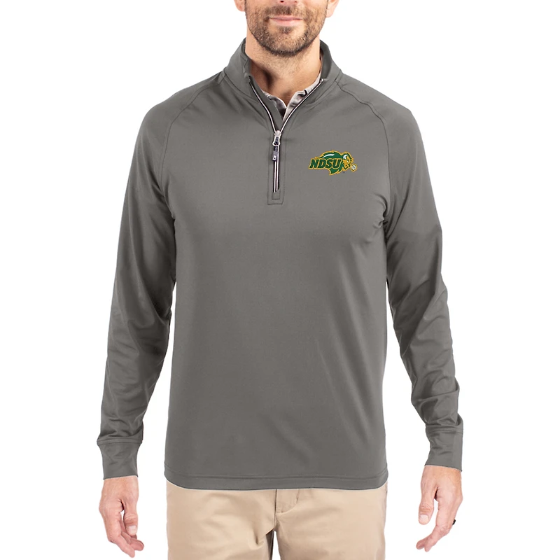 Men's Cutter & Buck Gray NDSU Bison Primary Logo Adapt Eco Knit Stretch Raglan Quarter-Zip Pullover
