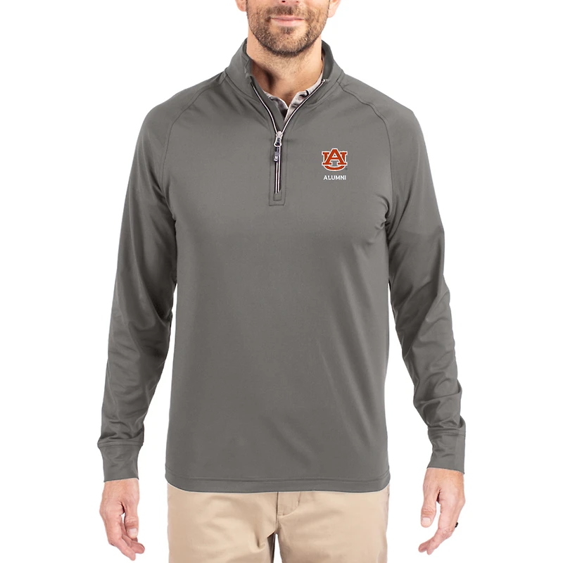 Men's Cutter & Buck Gray Auburn Tigers Alumni Logo Adapt Eco Knit Stretch Raglan Quarter-Zip Pullover