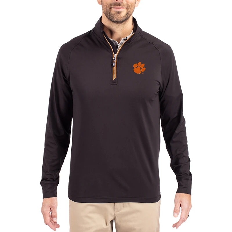 Men's Cutter & Buck Clemson Tigers Primary Logo Adapt Eco Knit Stretch Raglan Quarter-Zip Pullover