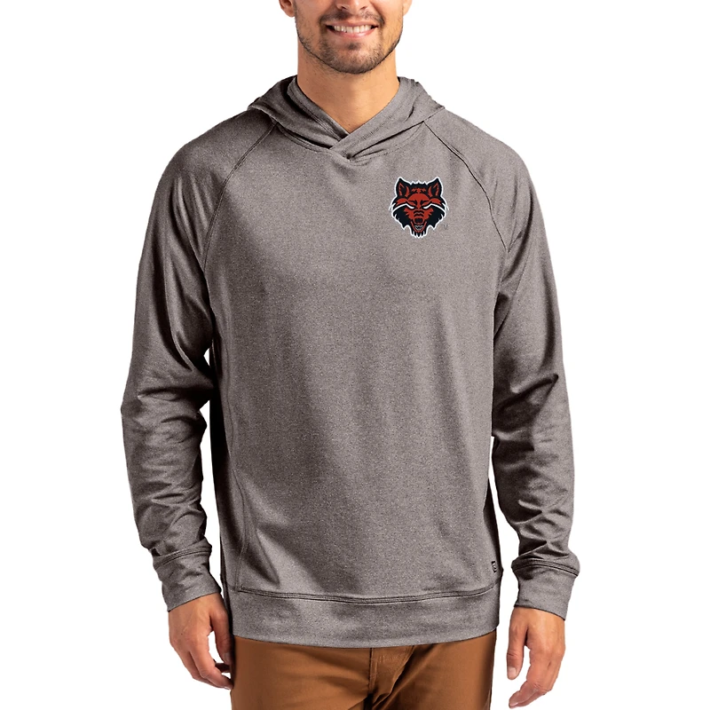 Men's Cutter & Buck Heather Charcoal Arkansas State Red Wolves Primary Logo Adapt Knit Raglan Pullover Hoodie