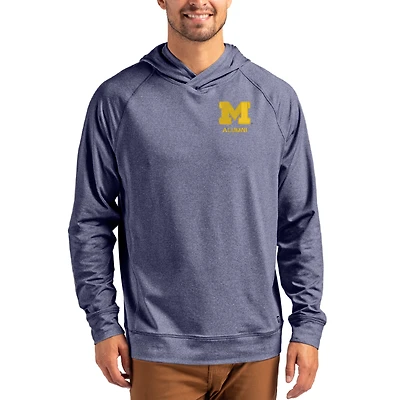 Men's Cutter & Buck Heather Navy Michigan Wolverines Alumni Logo Adapt Knit Raglan Pullover Hoodie