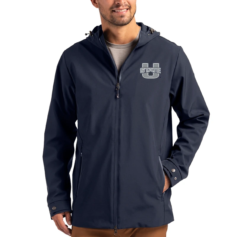 Men's Cutter & Buck  Navy Utah State Aggies Primary Logo Camano Everyday Stretch Water-Resistant Full-Zip Jacket