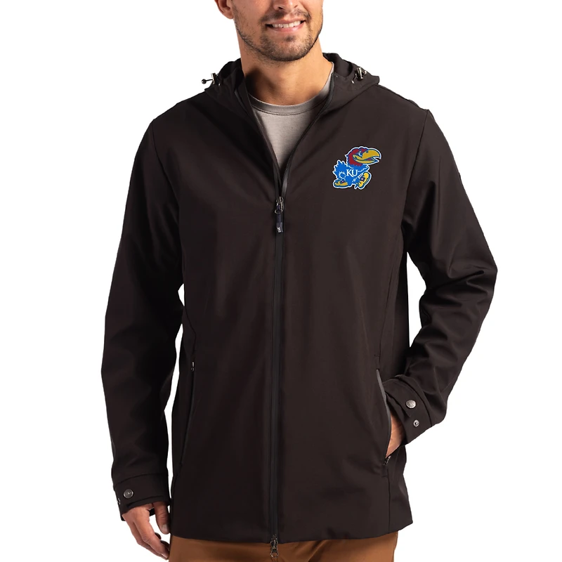 Men's Cutter & Buck Black Kansas Jayhawks Primary Logo Camano Everyday Stretch Water-Resistant Full-Zip Jacket