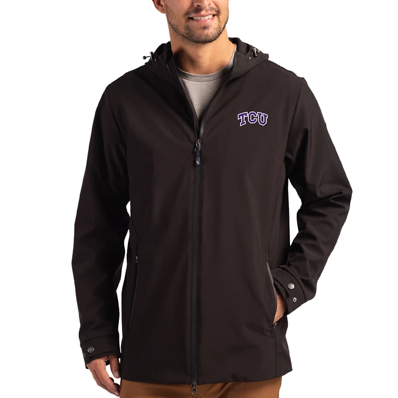 Men's Cutter & Buck  Black TCU Horned Frogs Primary Logo Camano Everyday Stretch Water-Resistant Full-Zip Jacket