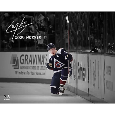 Cale Makar Colorado Avalanche Autographed 16" x 20" Navy Jersey Celebration Spotlight Photograph with "2025 Norris" Inscription