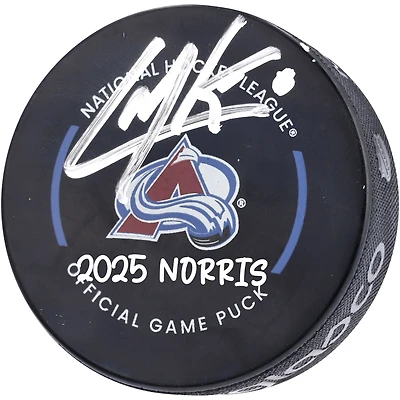 Cale Makar Colorado Avalanche Autographed Official Game Puck with "2025 Norris" Inscription