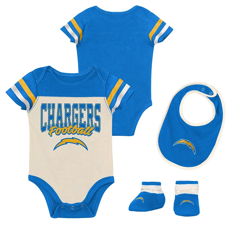 Infant & Newborn Outerstuff Los Angeles Chargers Up One Three-Piece Bodysuit, Bib & Booties Set