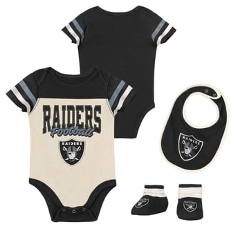 Infant & Newborn Outerstuff Las Vegas Raiders Up One Three-Piece Bodysuit, Bib & Booties Set