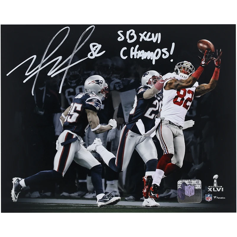 Mario Manningham New York Giants Autographed 8" x 10" Super Bowl XLVI Catch Spotlight Photograph with "SB XLVI Champs" Inscription