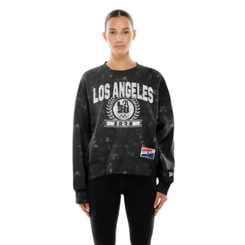 Women's New Era Black LA 2028 Summer Olympics Mineral Wash Dolman Sleeve Fleece Sweatshirt