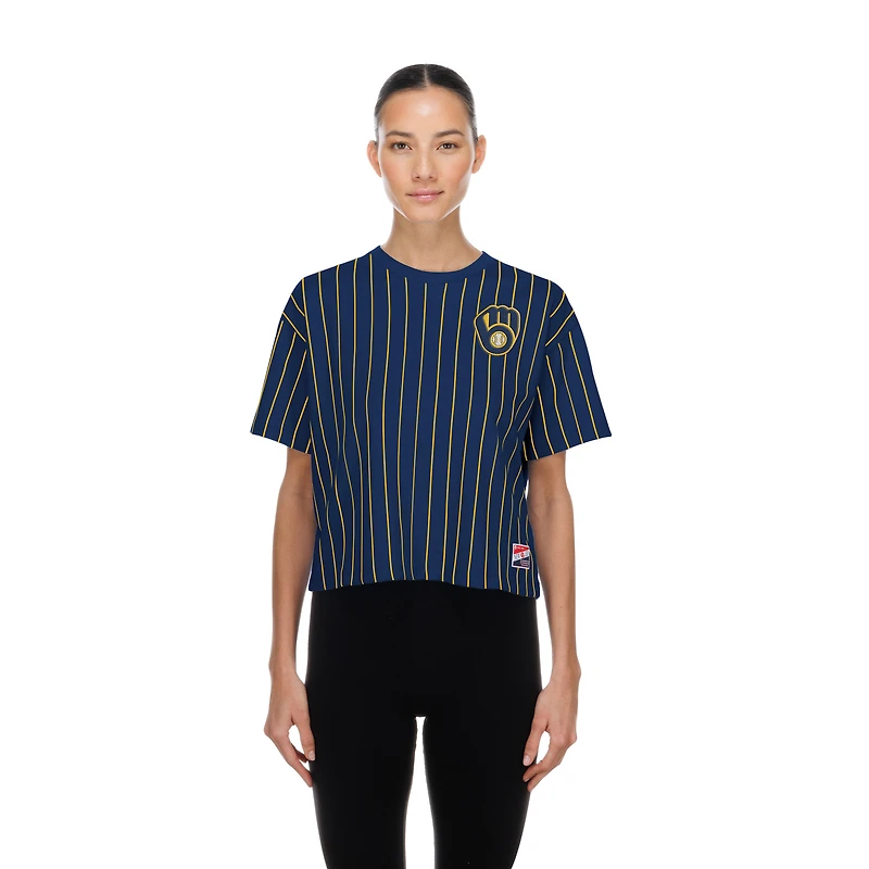 Women's New Era Navy Milwaukee Brewers Throwback Meshback Pinstripe Boxy T-Shirt