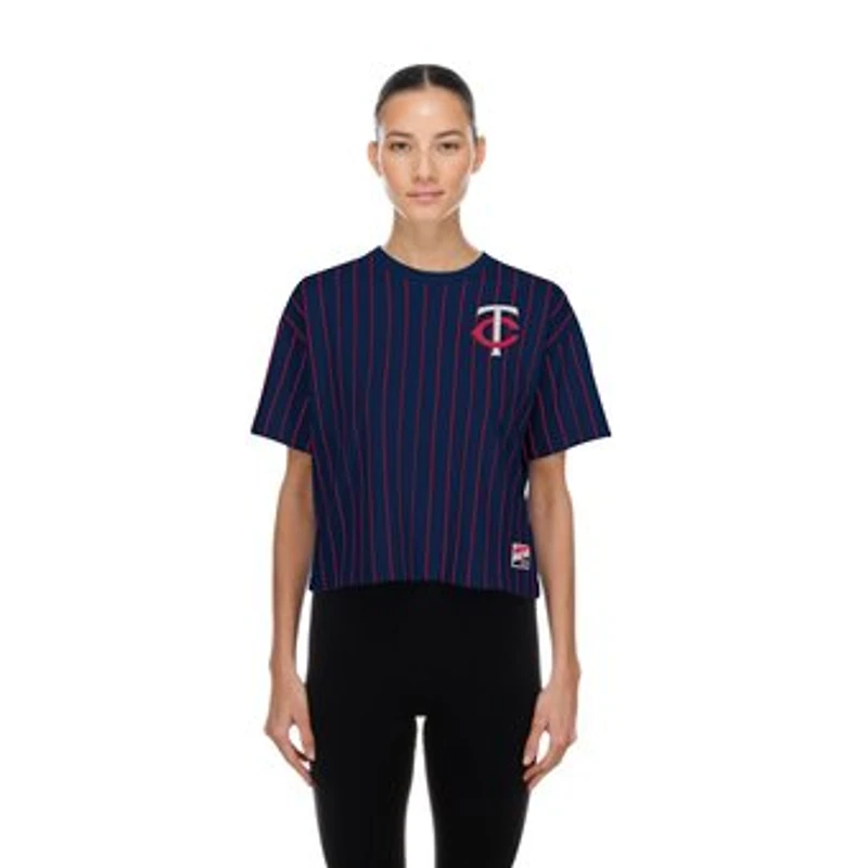 Women's New Era Navy Minnesota Twins Throwback Meshback Pinstripe Boxy T-Shirt