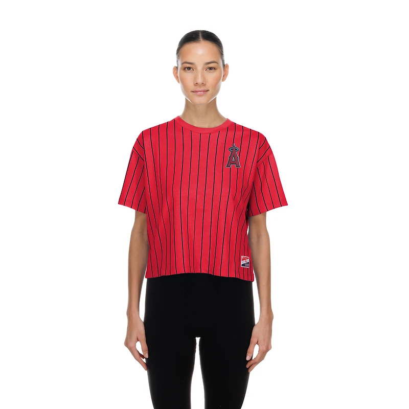 Women's New Era  Red Los Angeles Angels Throwback Meshback Pinstripe Boxy T-Shirt