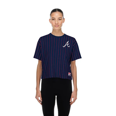 Women's New Era Navy Atlanta Braves Throwback Meshback Pinstripe Boxy T-Shirt