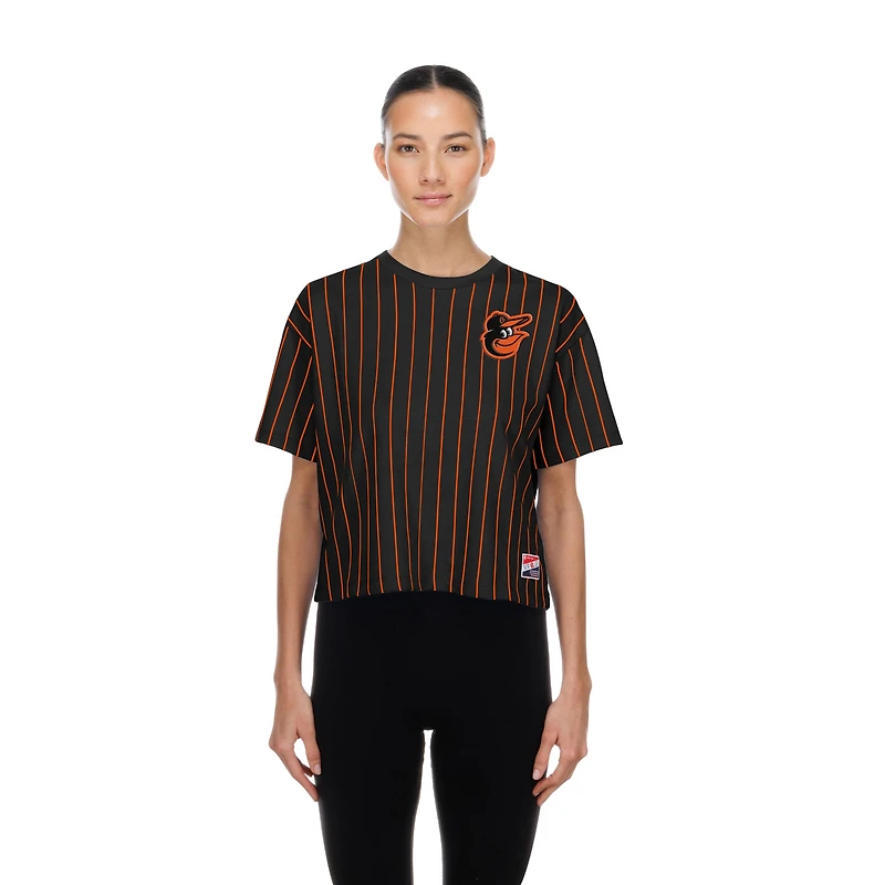Women's New Era Black Baltimore Orioles Throwback Meshback Pinstripe Boxy T-Shirt