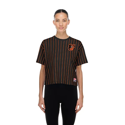 Women's New Era Black Baltimore Orioles Throwback Meshback Pinstripe Boxy T-Shirt