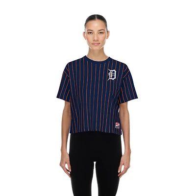 Women's New Era  Navy Detroit Tigers Throwback Meshback Pinstripe Boxy T-Shirt