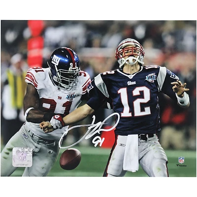Justin Tuck New York Giants Autographed 8" x 10" Super Bowl XLII Tom Brady Strip Sack Photograph
