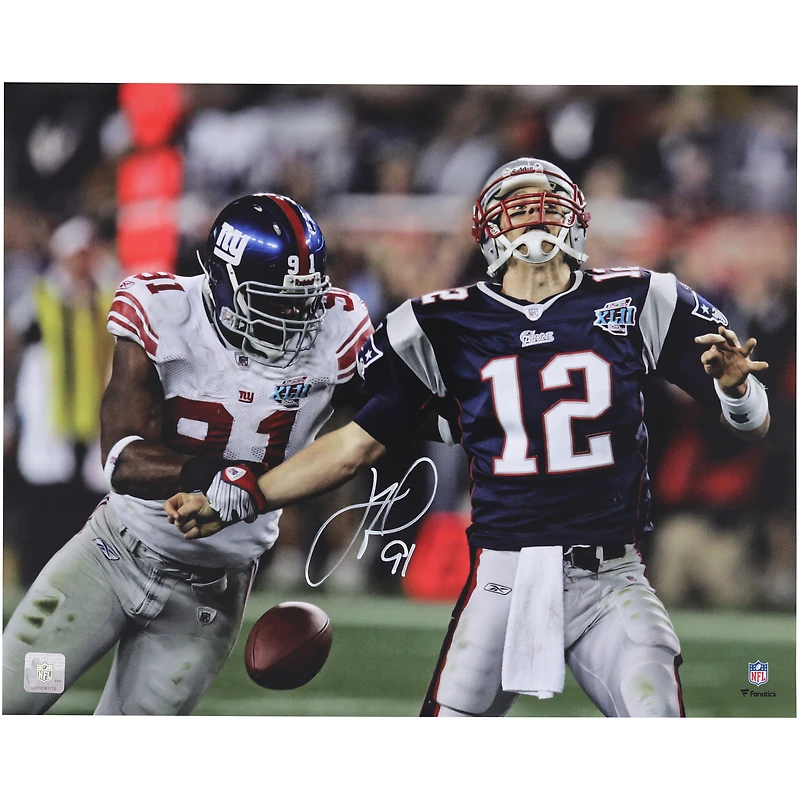 Justin Tuck New York Giants Autographed 16" x 20" Super Bowl XLII Tom Brady Strip Sack Photograph