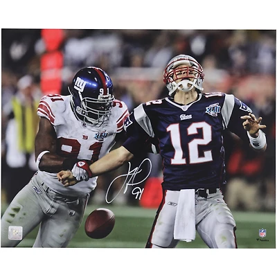 Justin Tuck New York Giants Autographed 16" x 20" Super Bowl XLII Tom Brady Strip Sack Photograph