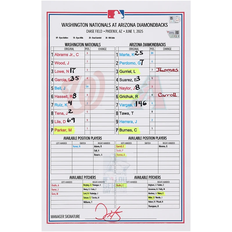 Washington Nationals Game-Used Lineup Card vs. Arizona Diamondbacks on June 1, 2025