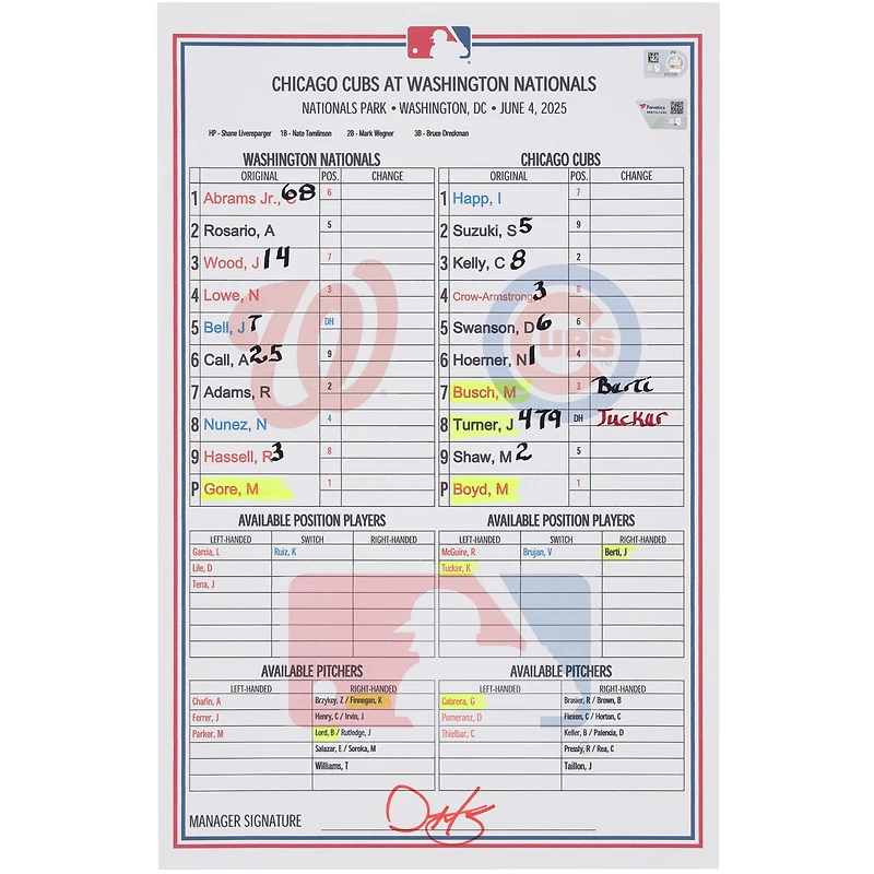 Washington Nationals Game-Used Lineup Card vs. Chicago Cubs on June 4, 2025