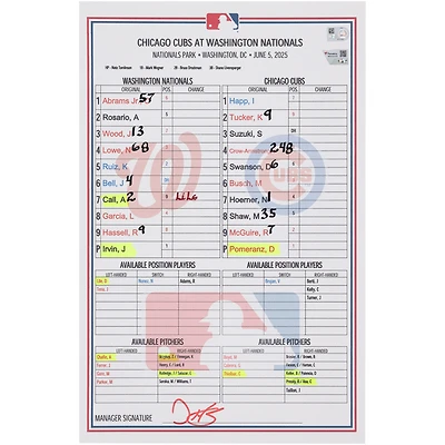 Washington Nationals Game-Used Lineup Card vs. Chicago Cubs on June 5, 2025