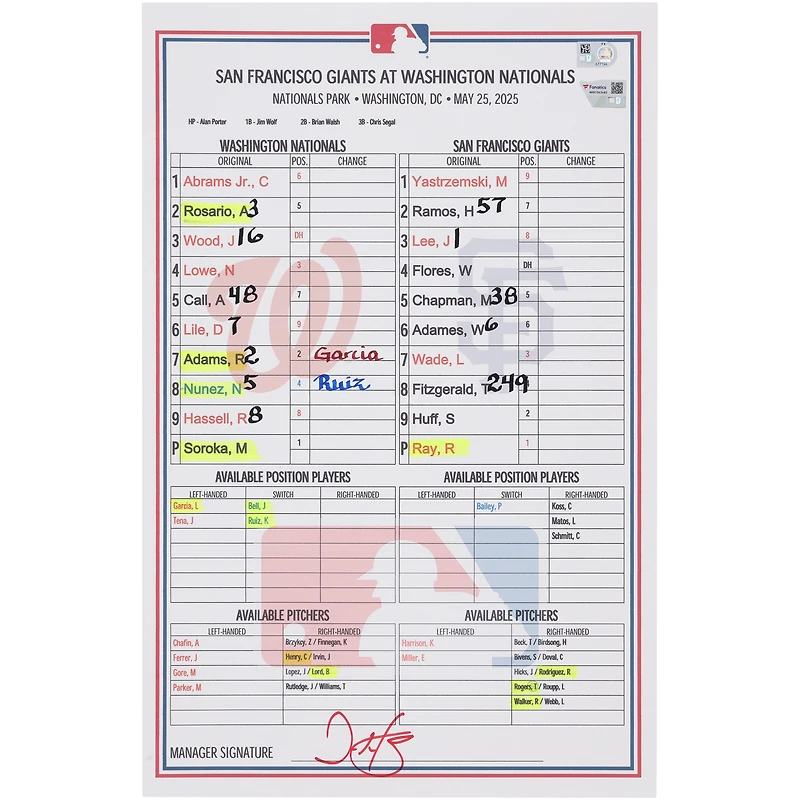 Washington Nationals Game-Used Lineup Card vs. San Francisco Giants on May 25, 2025
