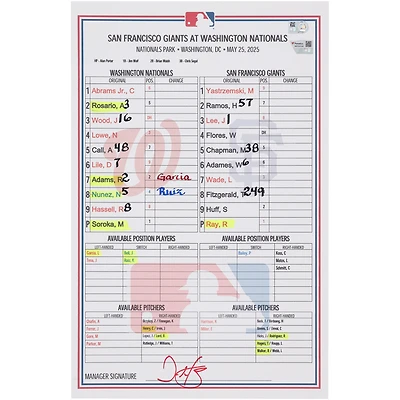 Washington Nationals Game-Used Lineup Card vs. San Francisco Giants on May 25, 2025
