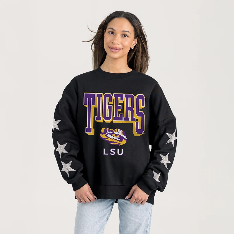 Women's Gameday Couture  Black LSU Tigers Pure Victory Relaxed Rhinestone Pullover Sweatshirt
