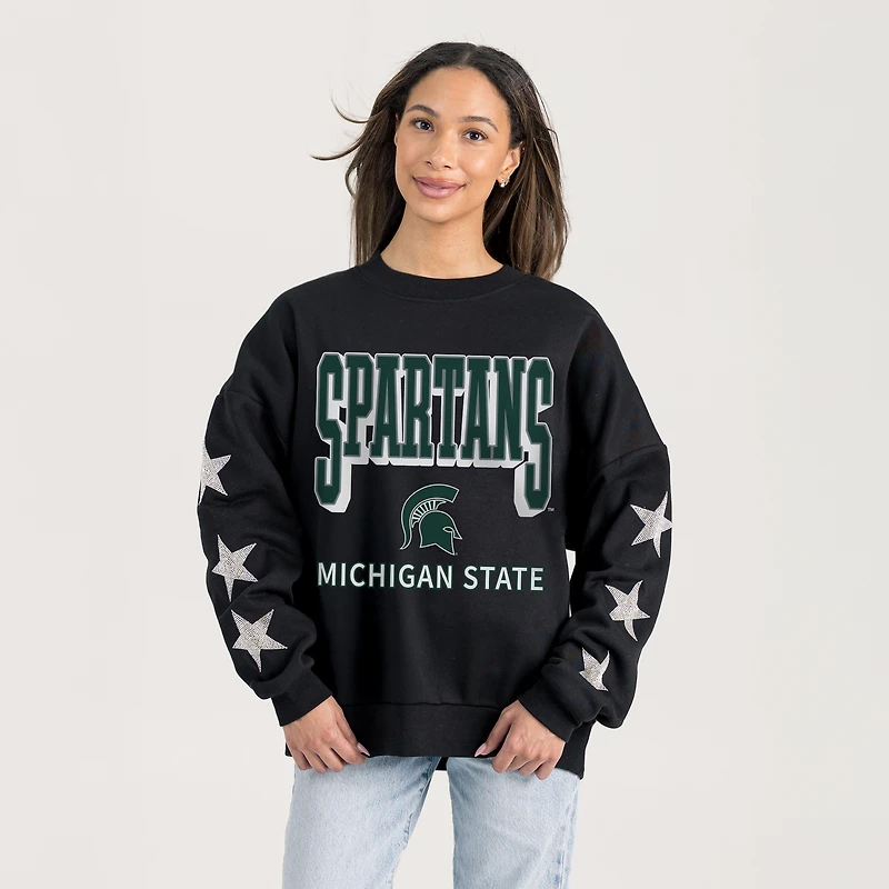 Women's Gameday Couture Black Michigan State Spartans Pure Victory Relaxed Rhinestone Pullover Sweatshirt