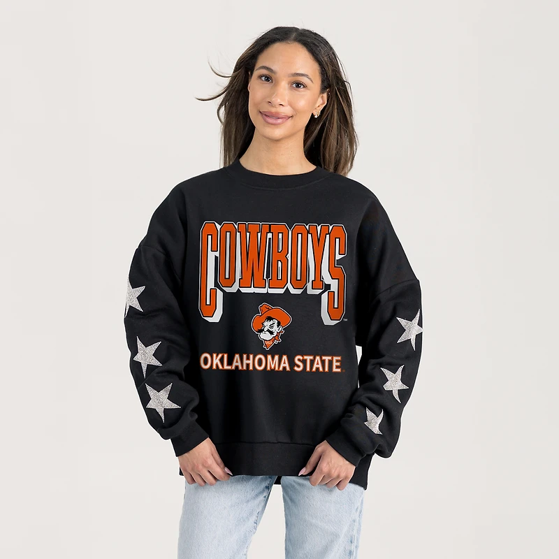 Women's Gameday Couture  Black Oklahoma State Cowboys Pure Victory Relaxed Rhinestone Pullover Sweatshirt