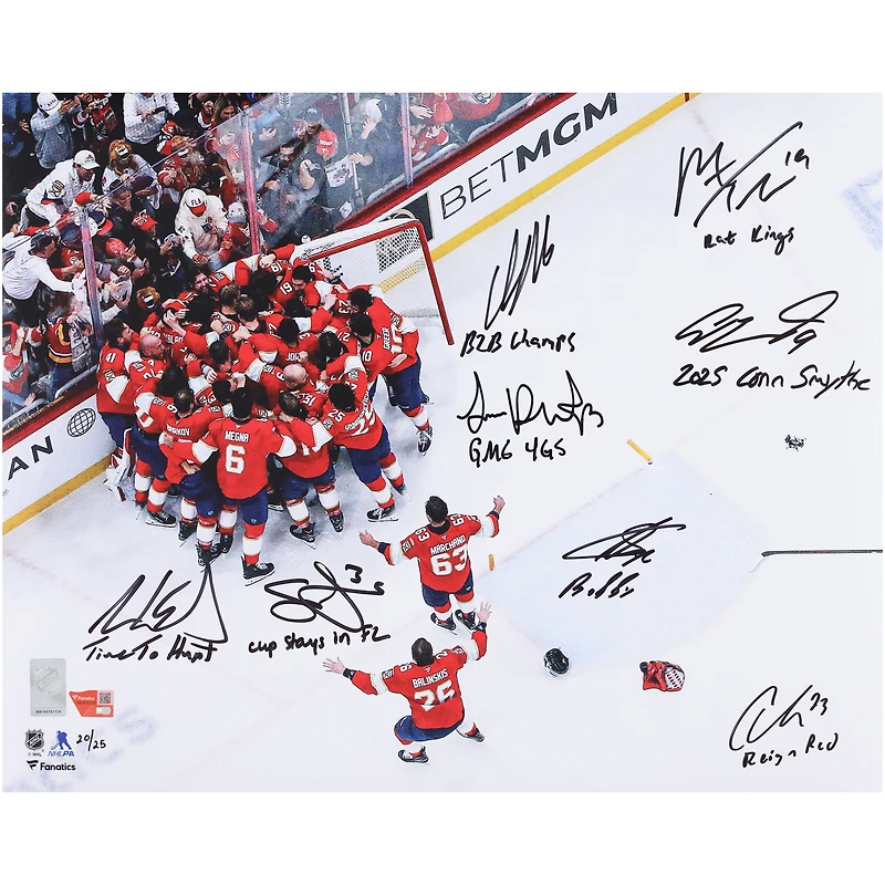 Florida Panthers Autographed 2025 Stanley Cup Champions 16" x 20" Overhead Team Celebration Photograph with 8 Signatures & Multiple Inscriptions - Limited Edition of 25